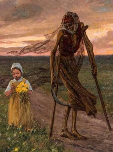 Gemälde: Ein kleines Mädchen mit gelben Blumen geht ahnungslos neben dem Tod, einer ausgezehrten Gestalt mit Sense und Krücken.
