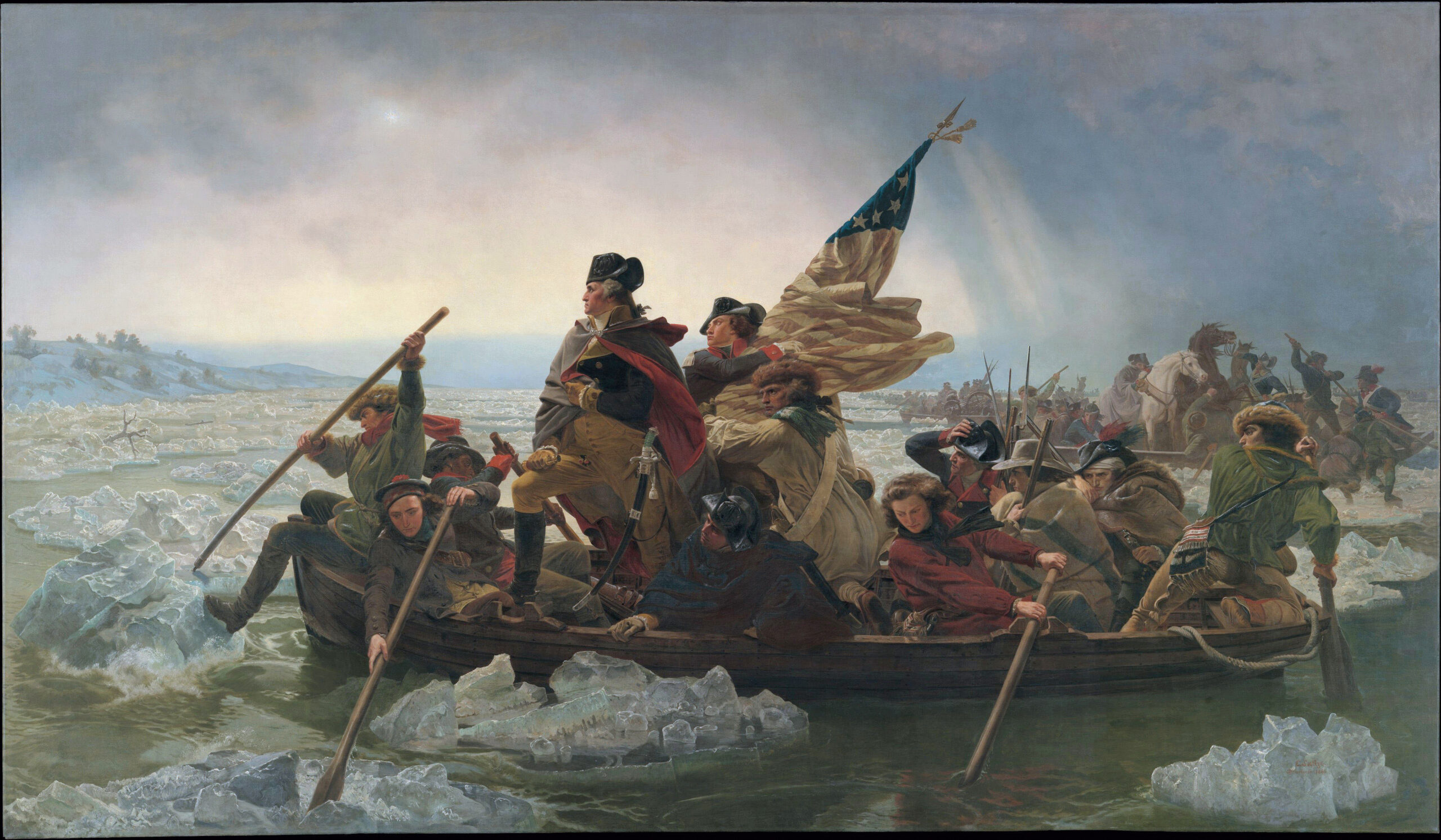 Gemälde von Emanuel Leutze: George Washington steht in einem Ruderboot, das sich mit Soldaten und Flagge durch den vereisten Delaware kämpft.